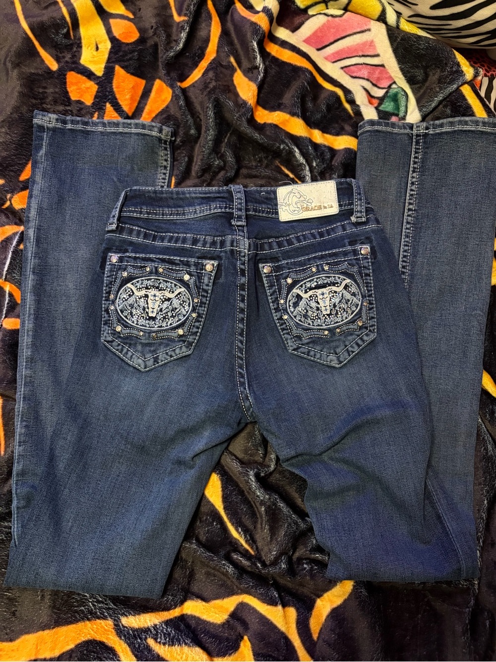 Grace in La Embroidered Dark Blue Women’s Jeans